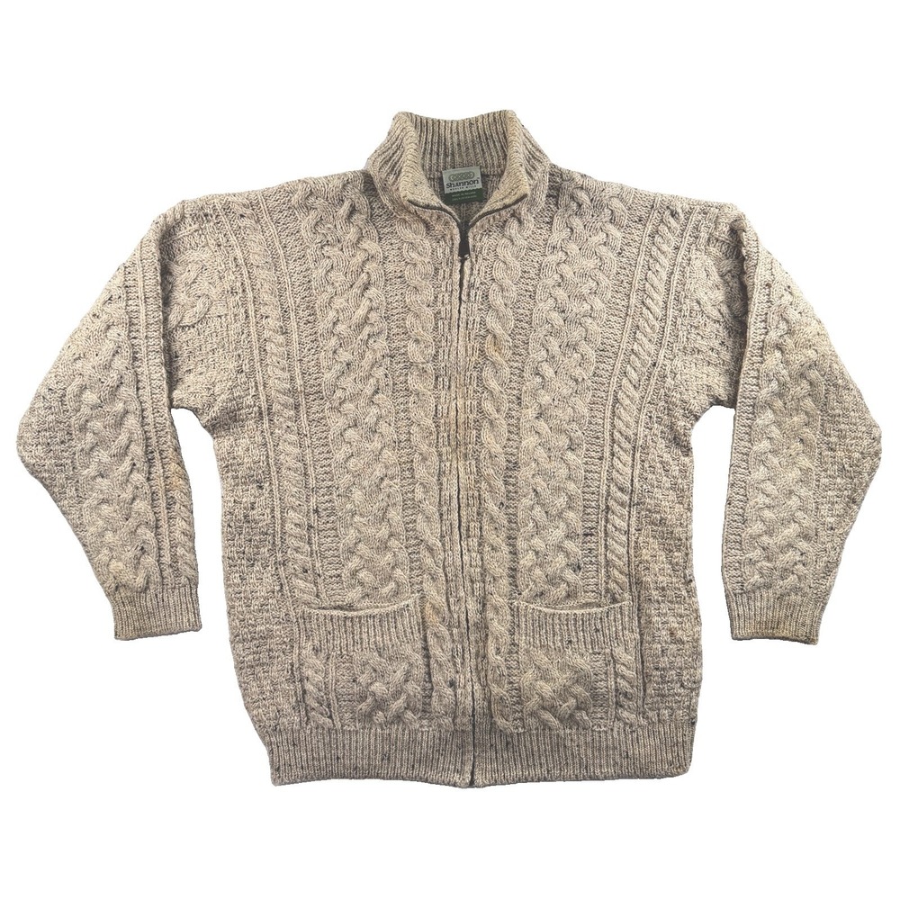Shannon Mills Zip Cable Knit 100% Wool Cardigan Mens M Ireland Speckled Fleck